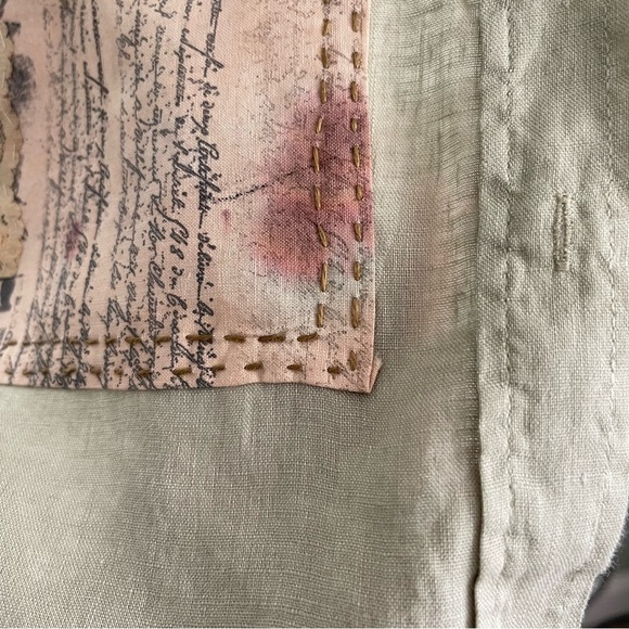 Upcycled patchwork Sage Green Linen shirt wearable art size XS One of a kind - Picture 8 of 14